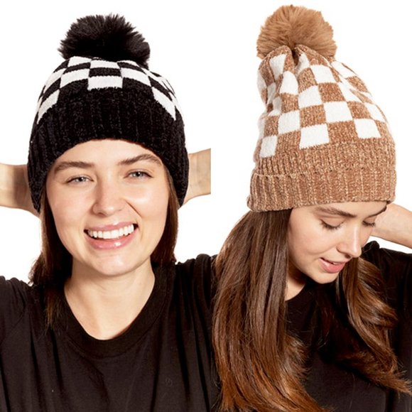 NEW Checkerboard Checked Super Soft Velour Cozy Fleece Lined Pom Pom Beanies Hat - Picture 10 of 11